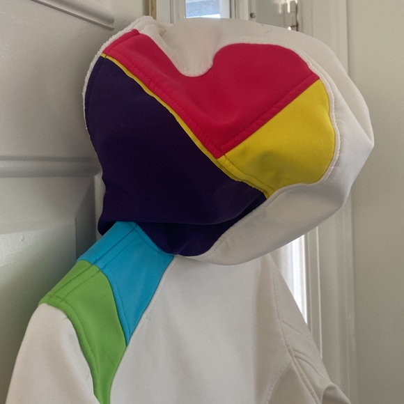 Spyder Women’s White Soft Shell Fleece Lined Jacket with Colorblock Hood. Medium - Picture 12 of 14